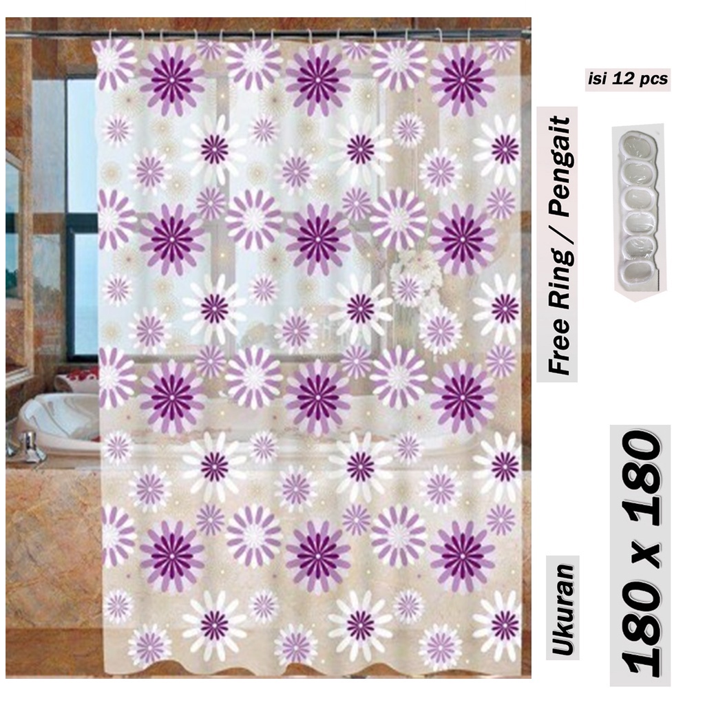 (SerbaSerbi)Horden Kamar Mandi Shower Curtain / Tirai Anti Air  Bahan Peva Lengkap Dengan Pengait 180 x180 Cm