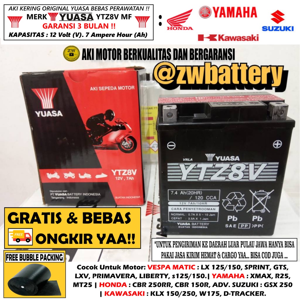 Aki Motor Vespa LX 150, KLX 250, R25, CBR 250RR YTZ8V YUASA ORI MF