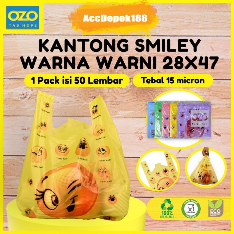 KANTONG PLASTIK SMILE / KRESEK TERIMA KASIH / SENYUM WARNA-WARNI EKONOMIS ISI 50 LEMBAR MEREK OZO