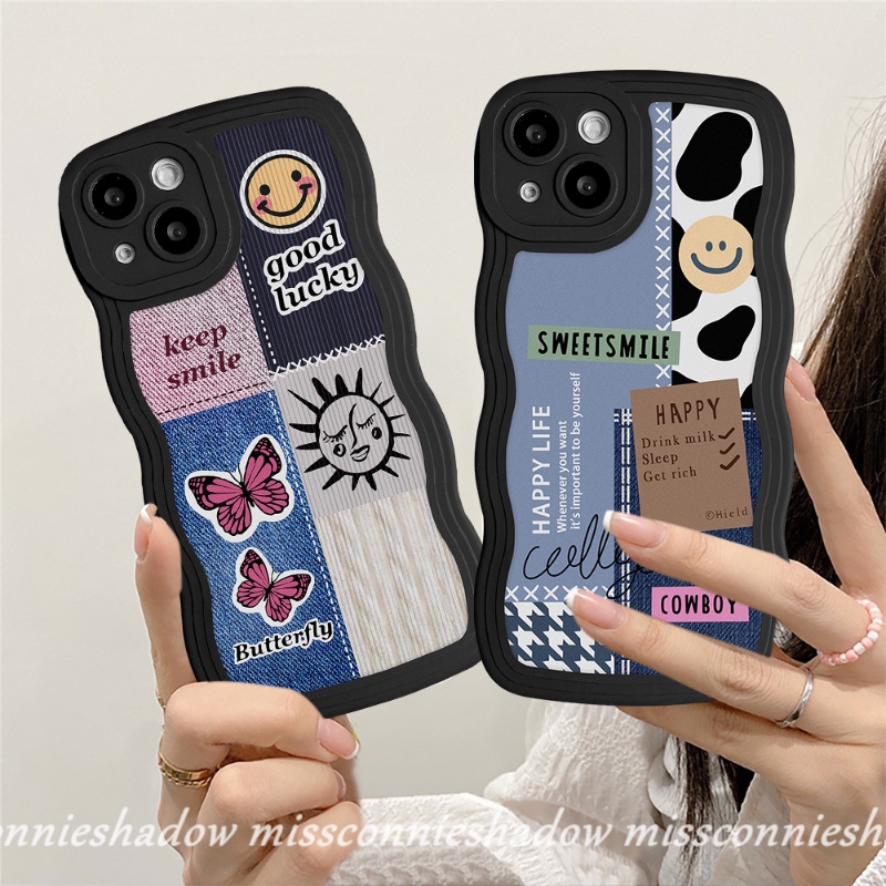 Redmi 9T 9A 10A 9 10 10C A1 9C A1+Mi 11T Pro Redmi Note 11 10 9 8 10s 9s 11s 10 Pro Max PO CO M3 X3 NFC Pro Butterfly Smiley Label Pattern Splicing Lembut Bergelombang Penutup Tepi