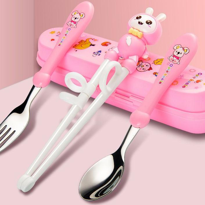 Ready Stock Set Alat Makan Stainless 4 in 1/ Set sendok Gau Sumpit Anak Free Tempat /Sendok Sumpit  