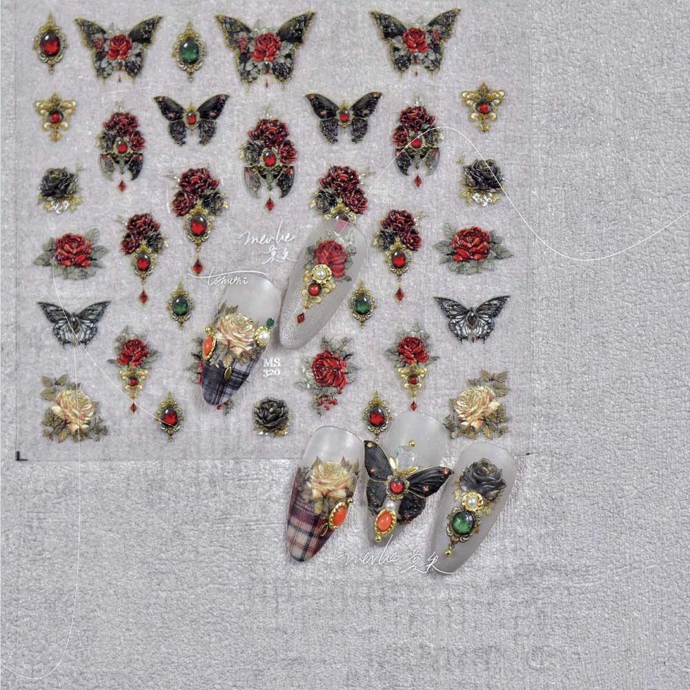 Mxbeauty Stiker Kuku Kupu-Kupu Gaya Retro Gelap 3D Relief Red Butterfly Nail Art Dekorasi