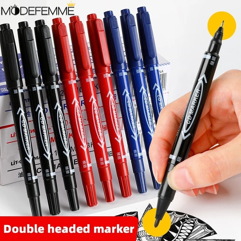 Penanda Permanen Cepat Kering Alat Tulis Tulisan Siswa Anti Noda Hitam Biru Merah Marker Waterproof Double-headed Marker Untuk Kaca Kulit Kayu Baja