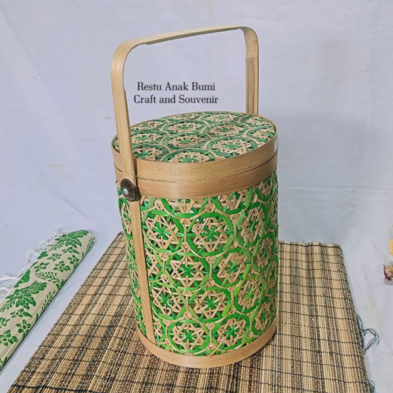 rantang bulat truntum warna hijau d.18cm tinggi 25cm, besek warna, besek pita, besek mika, besek hia