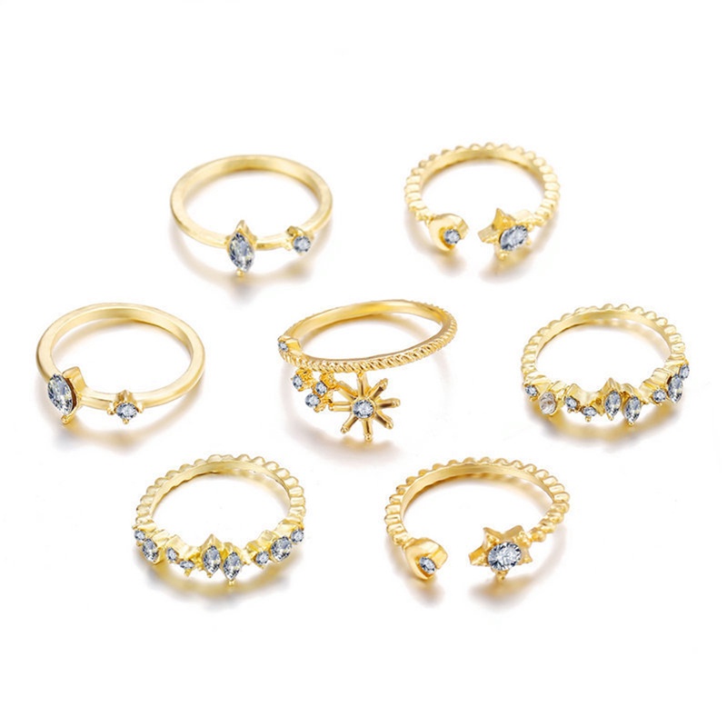 1set Bohemian Cincin Bersama Terbuka Berlian Diamond Bunga Kristal Ring