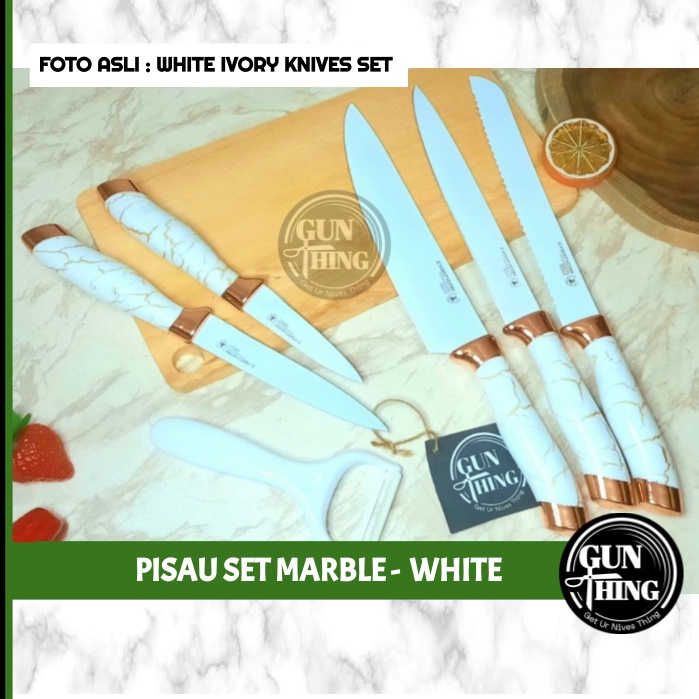 Pisau Dapur Set Hitam &amp; Putih / Marble Knives Set Black Fang &amp; White Ivory - GUNTHING