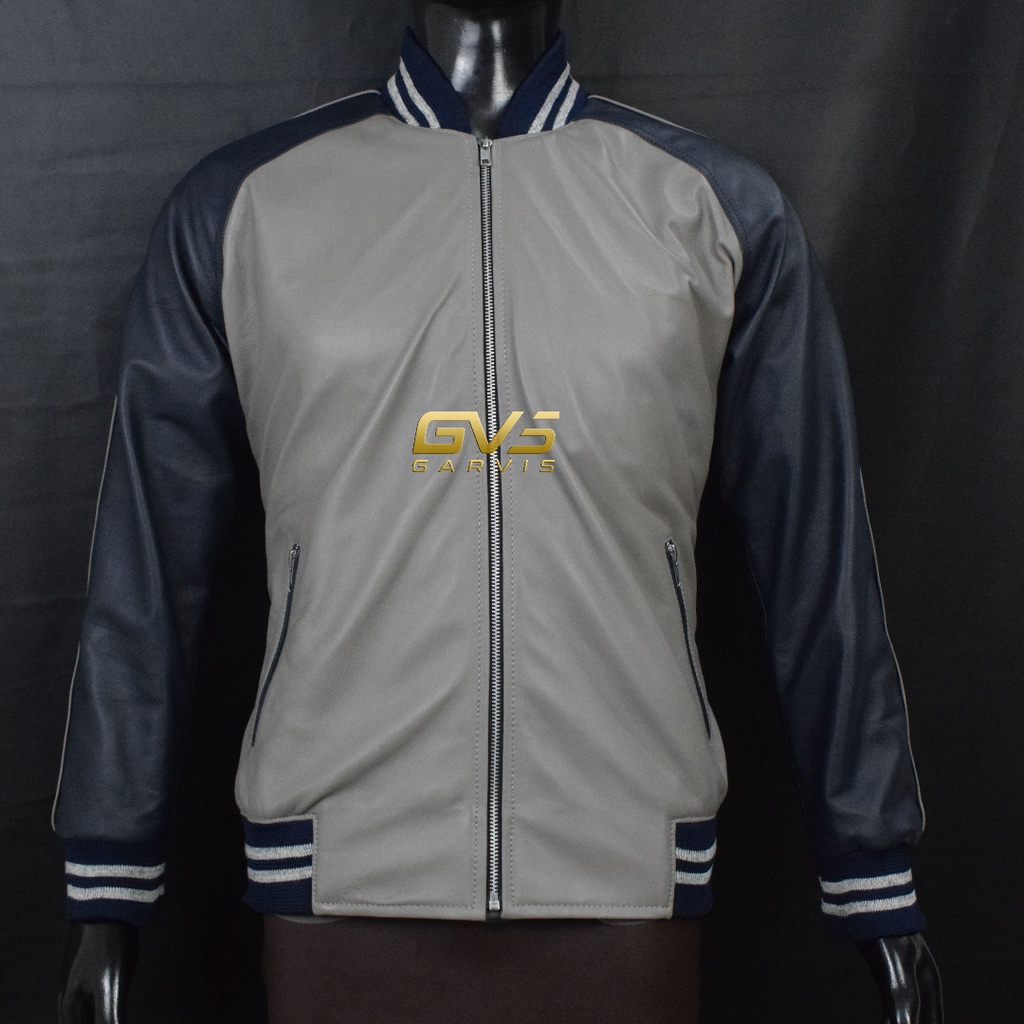 jaket kulit asli pria model base ball terbaru warna abu navy