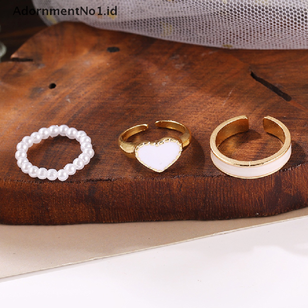 [AdornmentNo1] 3pcs/set Enamel Jantung Cincin Korea Fashion Mutiara Cincin Untuk Wanita Geometris Tidak Teratur Bentuk Rantai Pembukaan Cincin Set Buku Jari Perhiasan [ID]