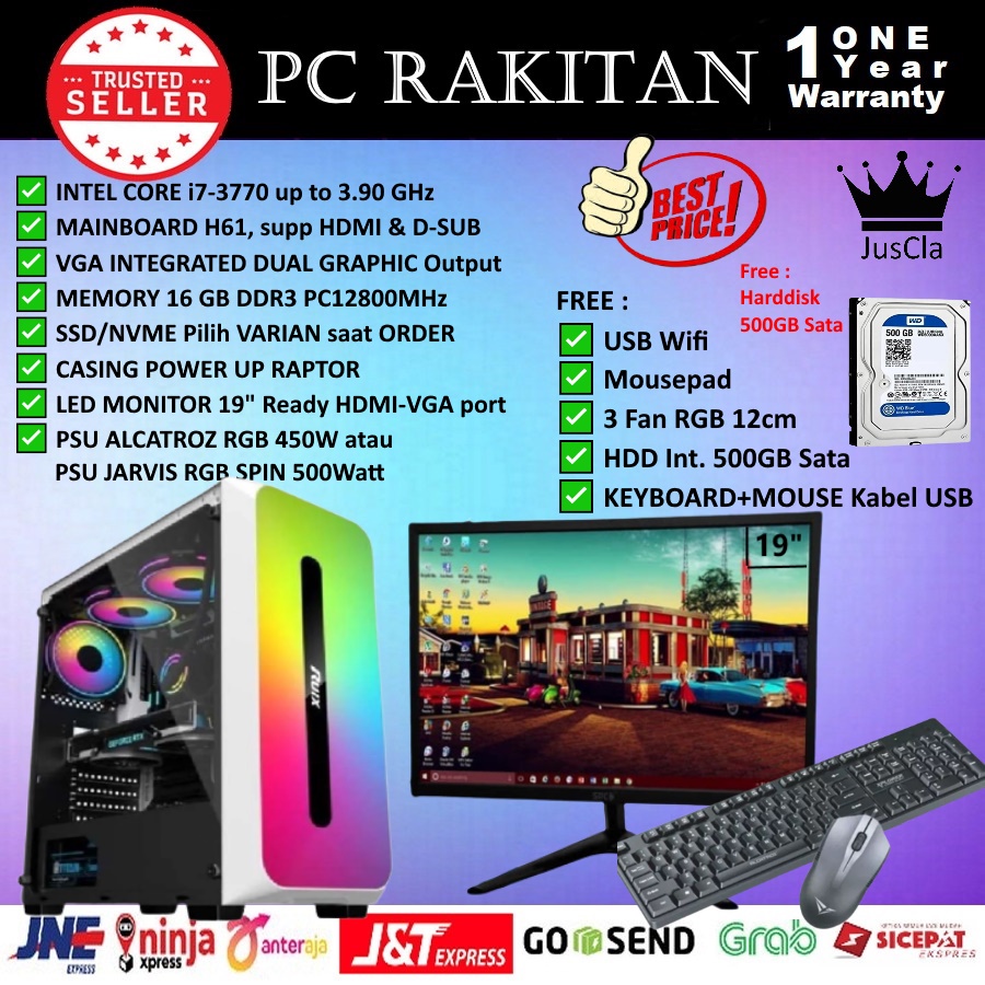 MONITOR 19&quot; + PC KOMPUTER FULLSET INTEL CORE i7-3770 3,6GHz 4Cores|RAM 16GB|SSD NVME 512GB|HDD 500GB SATA|KEY+MOUSE|WiFi, Komputer Rakitan, PC Admin/Office Baru Bergaransi 1 Tahun