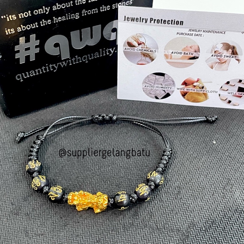 Gelang Mantra Buddha tibet hitam pixiu emas tali serut waterproof