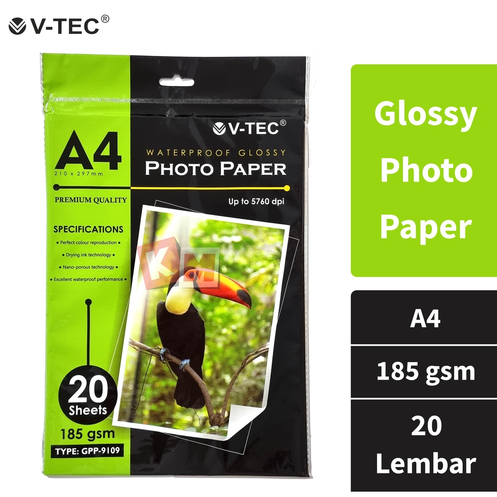 Glossy Photo Paper / Kertas Foto V-TEC A4 185 gsm GPP-9109 20 Lembar