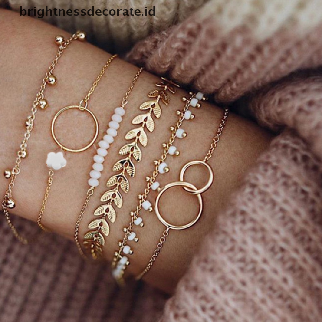 [Birth] 6pcs/set Gelang Boho Set Wanita Jumbai Daun Rantai Melingkar Bangle Perhiasan [ID]