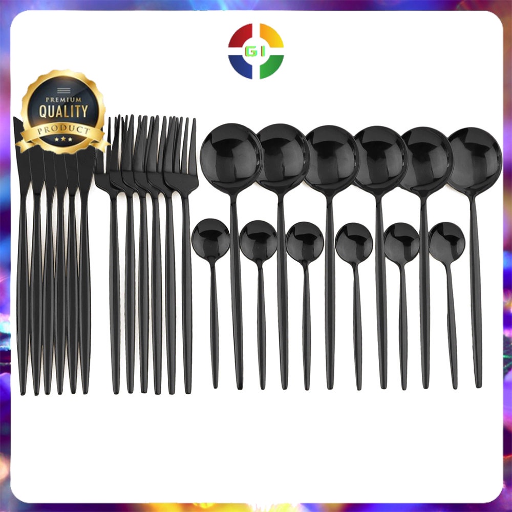 Perlengkapan Makan Sendok Garpu Pisau Cutlery 1 Set Isi 24 PCS Stainless Black