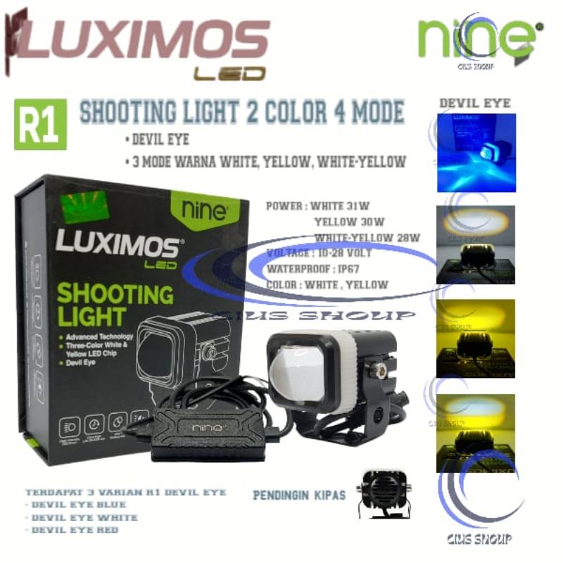 NINE LUXIMOS LAMPU LED SOROT R1 LASER 2 WARNA 4 MODE PUTIH, KUNING, PUTIH-KUNINGDAN DEVIL EYE R1 SHOOTING LINGHT MOTOR DAN MOBIL