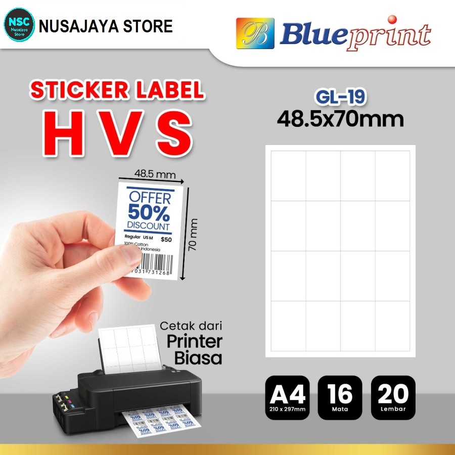 

Kertas Stiker Label HVS Doff A4 BLUEPRINT Uk 48,5 x 70 mm - 20 lembar