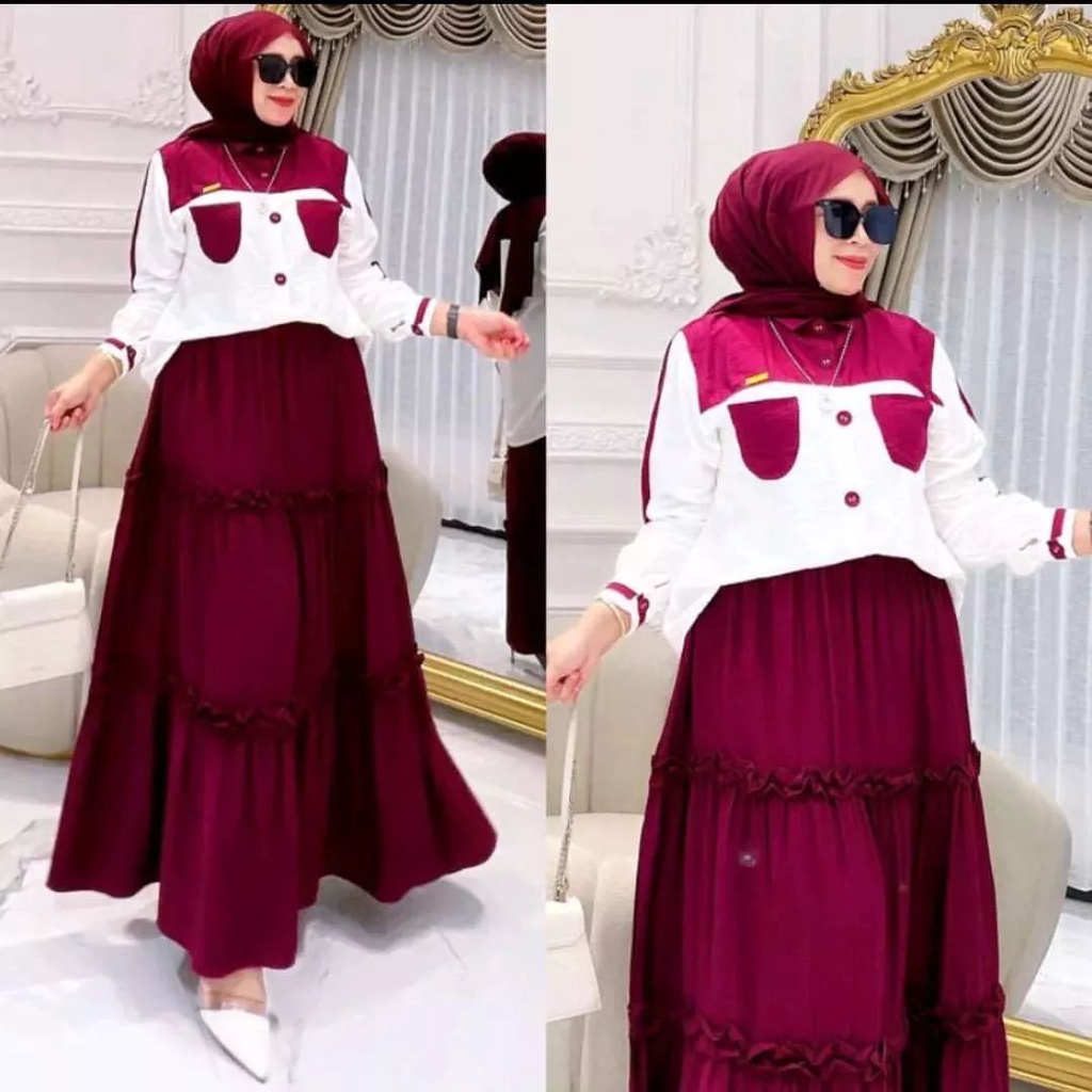 Zea set Gamis set rok Stelan wanita muslimah bahan crinkle terbaru polos Gamis murah kekinian