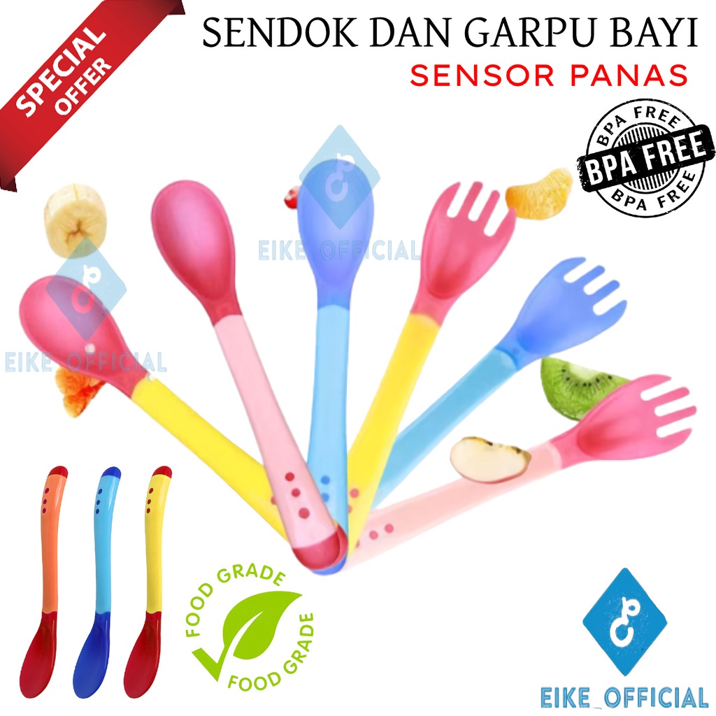 [EIKE] SENDOK DAN GARPU SILIKON BAYI SENSOR SUHU PANAS / SENDOK MAKAN BAYI FOOD GRADE / PERALATAN MAKAN BAYI