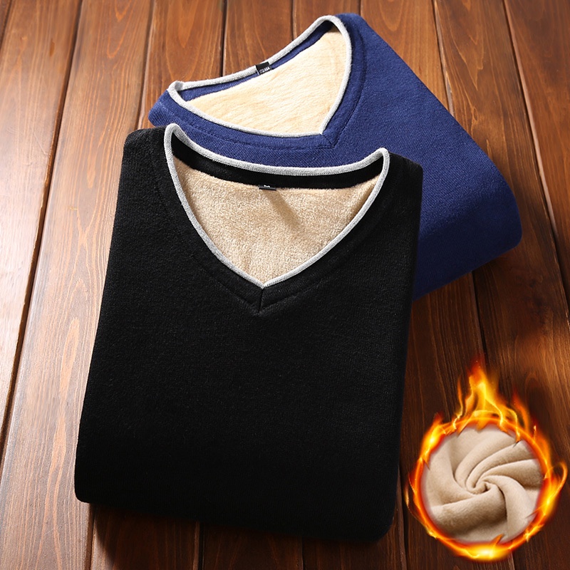 Bulu Berlapis Tebal Pria Sweater  Korea lengkapi Bottoming Leher V Termal Bottoming Kemeja Sweater T
