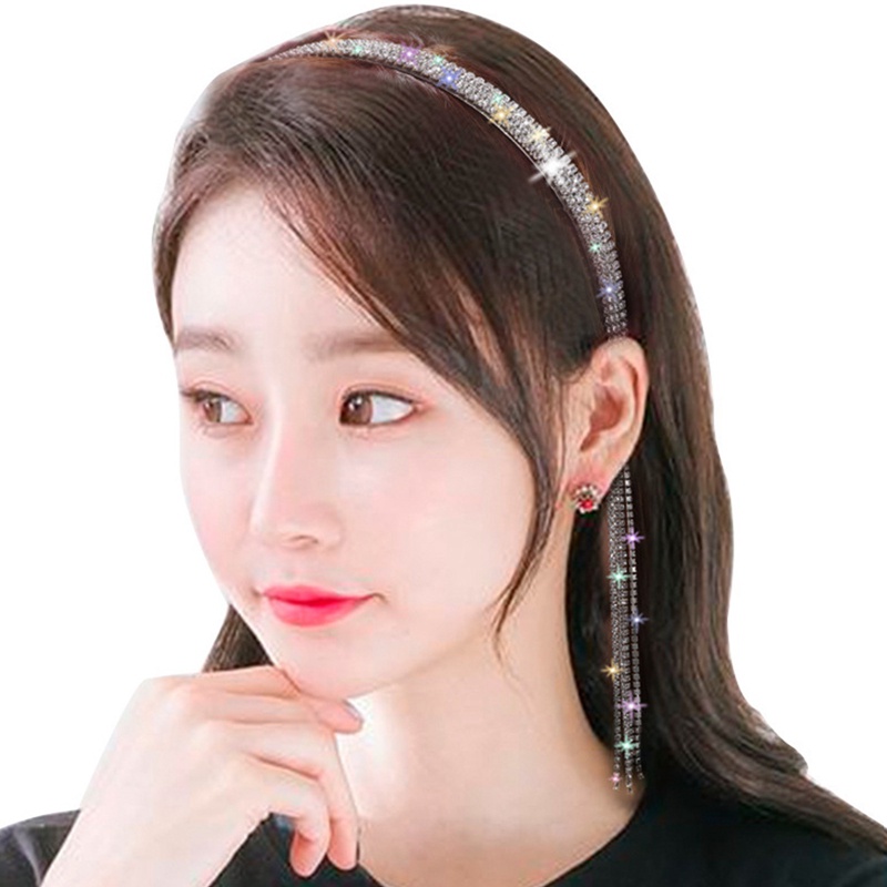 Bling Bling Berlian Imitasi Ikat Rambut Untuk Wanita Panjang Rumbai Busur Band Desainer Korea Bando Logam Pernikahan Rambut Band Aksesoris