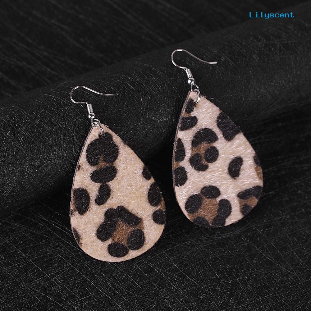 [LS] Wanita Leopard Print Teardrop Menjuntai Kulit Imitasi Kait Anting Perhiasan Hadiah