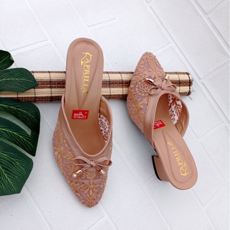 Heels pesta wanita hak tahu 5cm terbaru kekinian/sendal selop brukat pengantin wanita/sandal pesta kondangan perempuan bisa cod/sandal wanita formal mewah