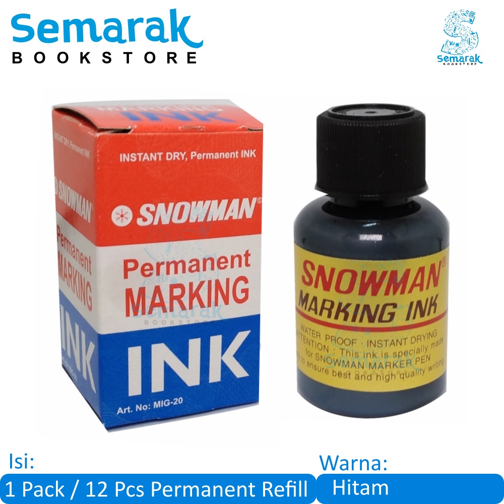 

Snowman Refill Permanent Marking Ink Tinta Spidol tidak dapat dihapus 20 ml - Hitam [1 Pack / 12 Pcs]