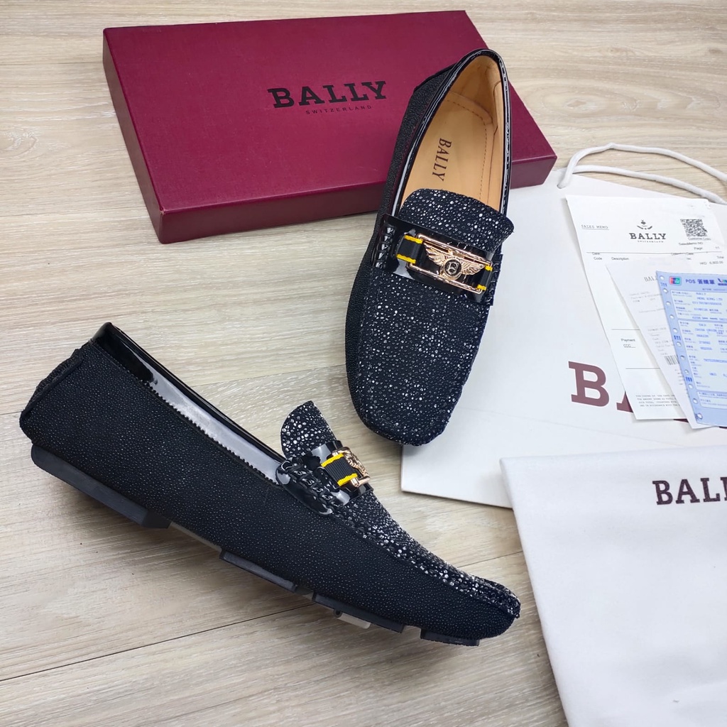 sepatu pria bally loafer mirror quality model slip on cowok hitam kulit asli leather shoes