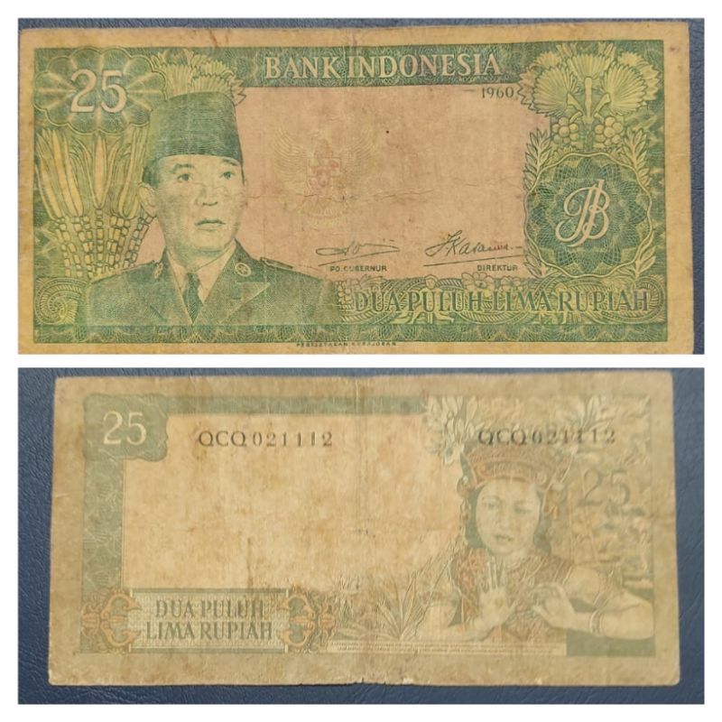 Uang Kuno Negara Indonesia 25 Sukarno 1960 Kondisi VF Layak Utuh Uang Original 100%