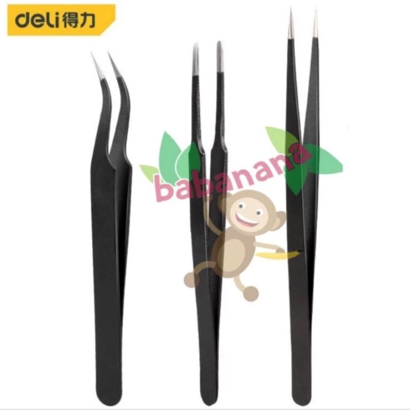 Deli DL396003 Hitam Tweezer Set Pinset isi 3 Stainless Steel Pencapit