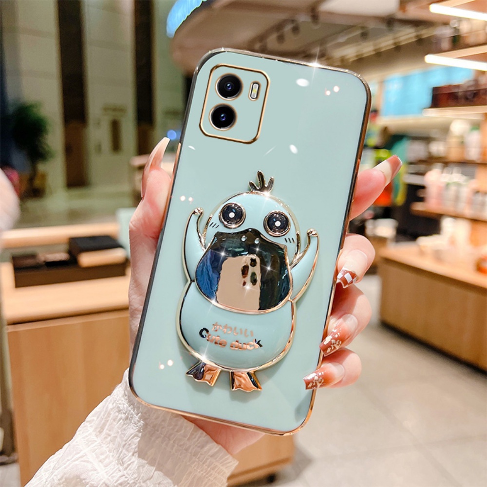 Cute Psyduck Case for OPPO A57 2022 A77S A16 A16K A16e A55 A95 A74 A15 A15S A54 A5S A12 A5S A7 A3S A52 A92 A11K Cases Plating Duck Folding Stand Holder Rubber Soft Phone Cover