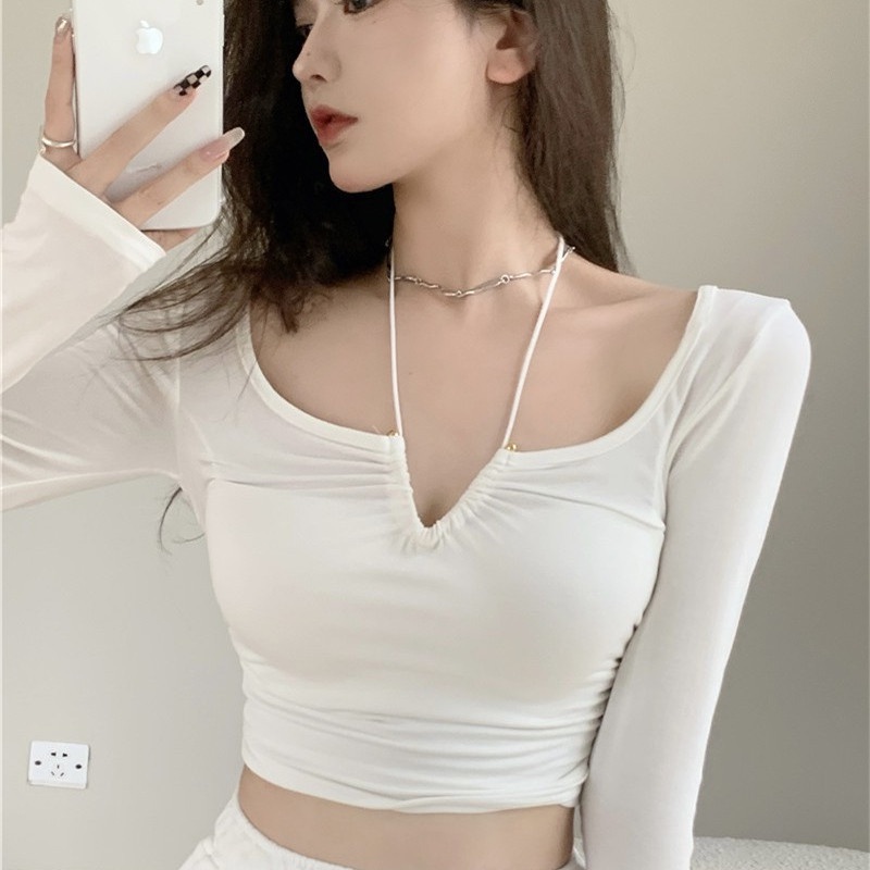 Red Sweet babes ketat off-shoulder V-neck menggantung leher tulang selangka top desain ceruk wanita ramping pendek lengan panjang T-shirt bottoming