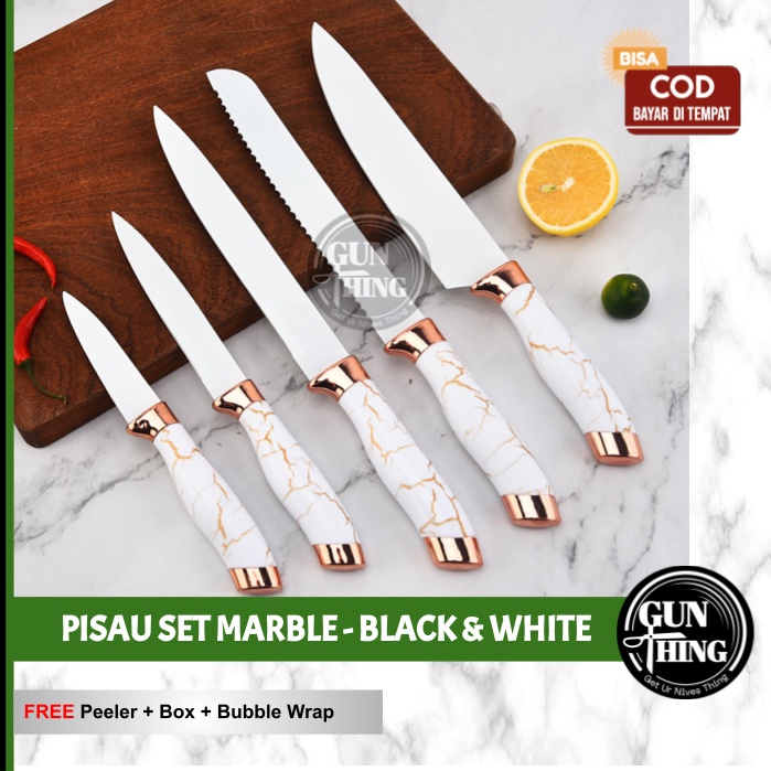 Pisau Dapur Set Hitam &amp; Putih / Marble Knives Set Black Fang &amp; White Ivory - GUNTHING