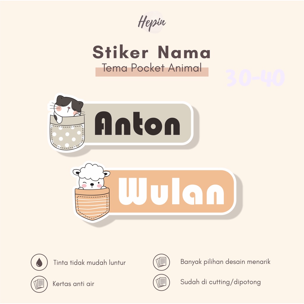 

(90 - 120 pcs) tema POCKET ANIMAL murah/sriker nama anti air/bisa custom nama
