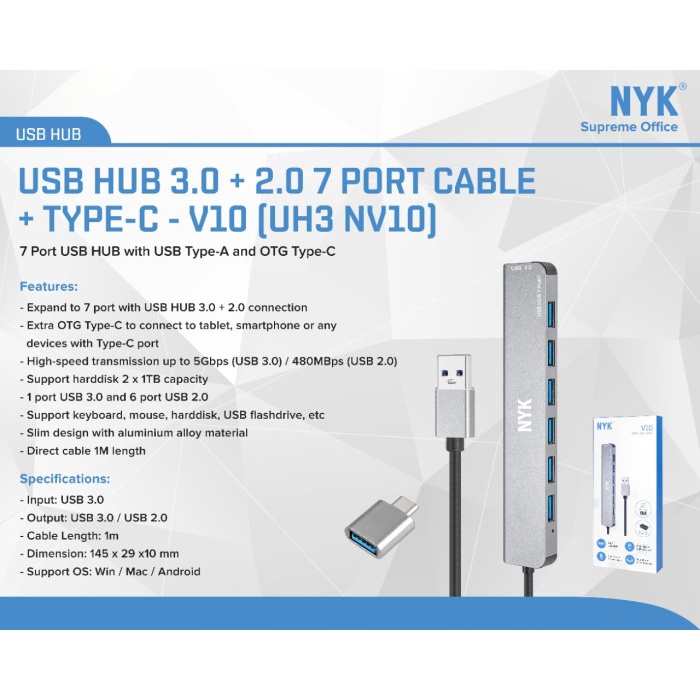 USB HUB 3.0 NYK V10 7 Port Cable 1M + OTG Type-C