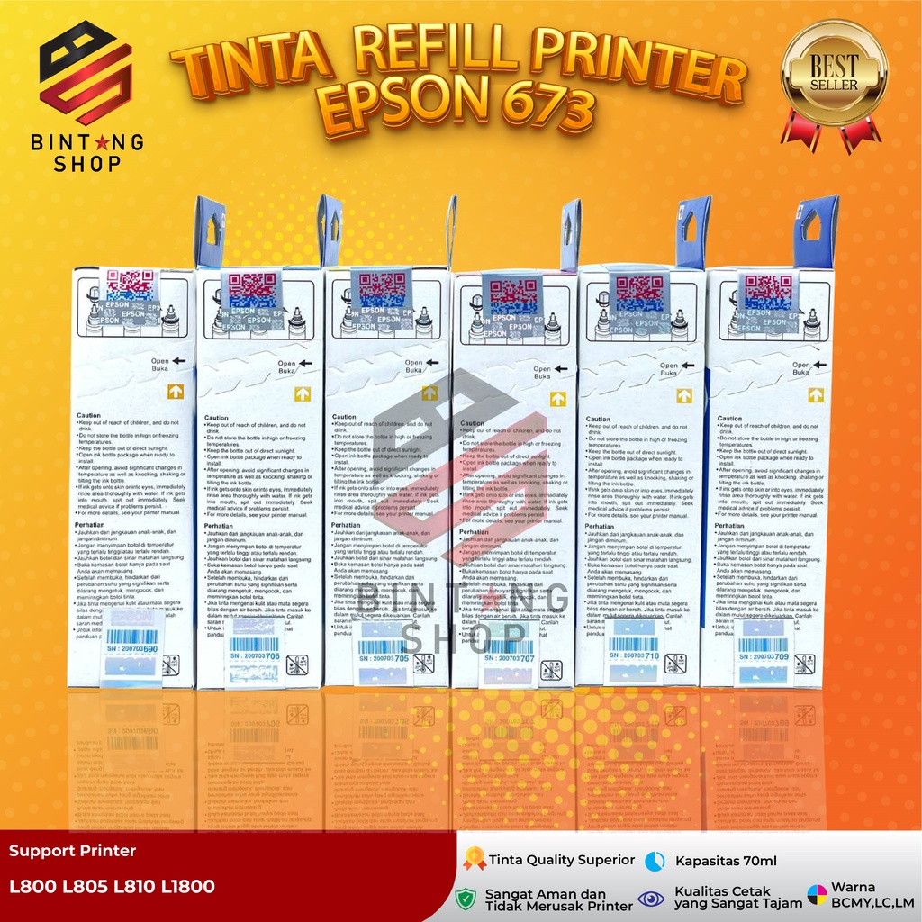 1 SET 6 PCS Tinta Epson 673 Tipe Printer L800 L805 L805 L850 L1800 Kemasan Baru