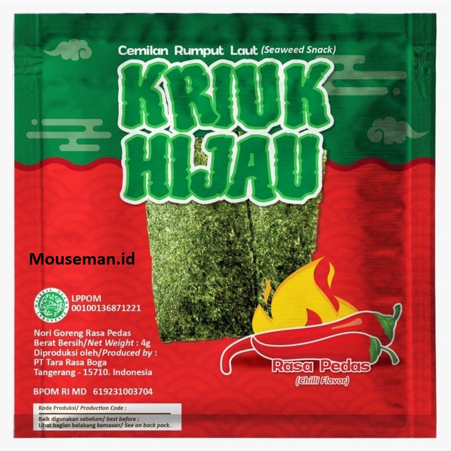 

KRIUK HIJAU Cemilan Rumput Laut Seaweed Snack Nori Goreng Rasa Pedas (Chilli Flavor) 4gr