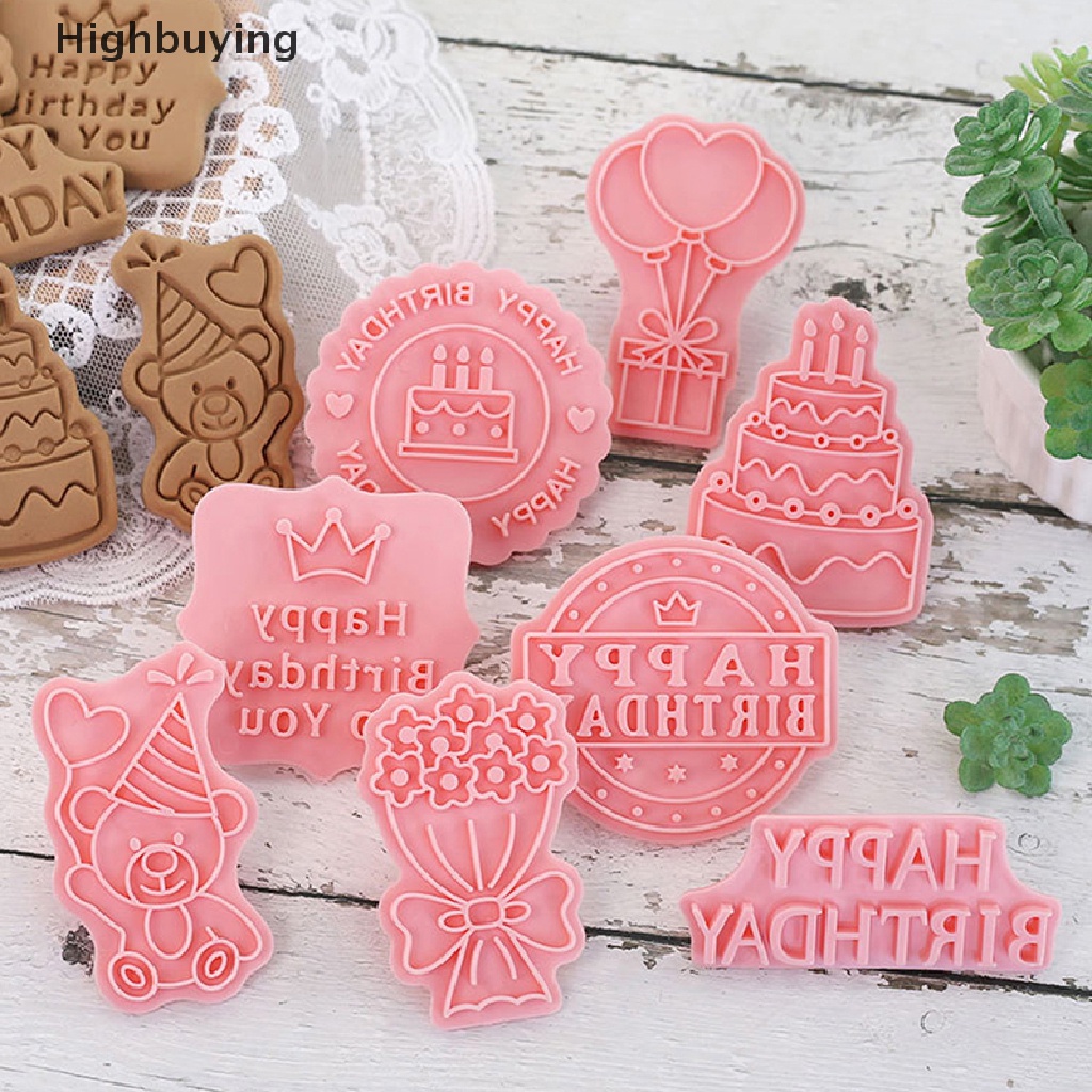 Hbid 8Pcs/Set Ulang Tahun Tema Cookie Pemotong Plastik 3D Pressable Biskuit Cetakan Cookie Cap Dapur Baking Alat Pesta Ulang Tahun Anak Dekorasi Glory