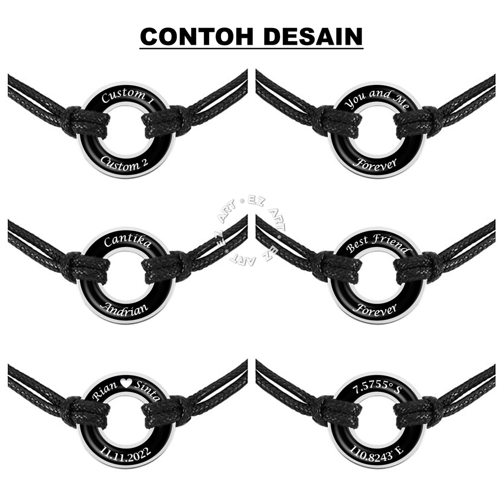 GELANG CUSTOM NAMA TULISAN PASANGAN COUPLE PERSAHABATAN RING PLAT CINCIN STAINLESS STEEL TALI KULIT KEPANG KOREA WARNA