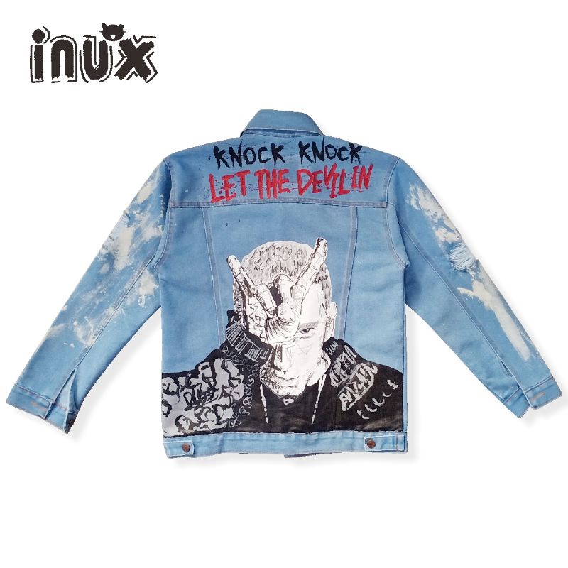 DENIM JACKET CUSTOM EMINEM / JAKET JEANS LUKIS CUSTOM / JAKET JEANS RIPPED