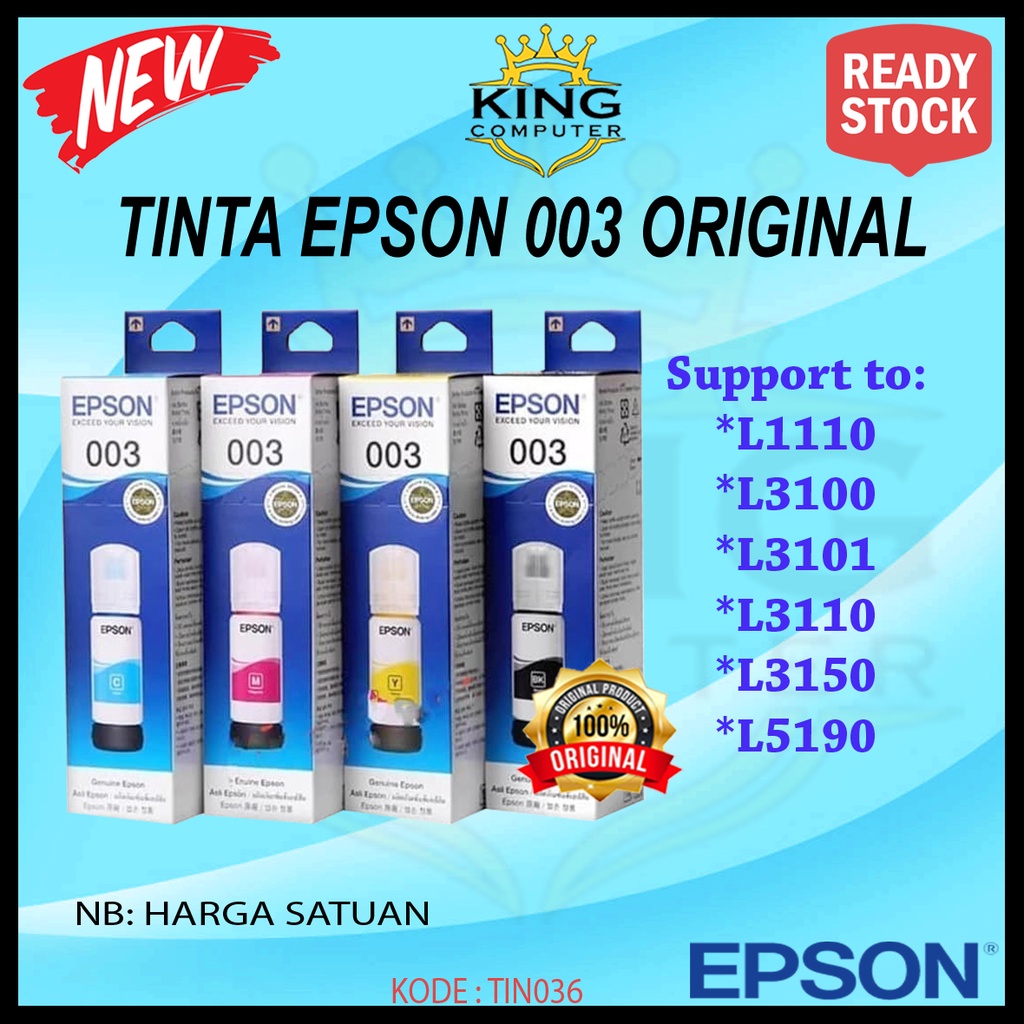 Tinta Printer Epson Original T003 L1110 L3100 L3101 L3110 L3150 L5190 1 set