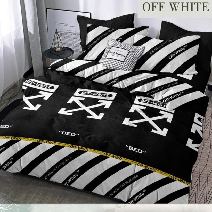 yG Sprei motif kotak hitam off white line yellow seprai pria original katun terbaru 2021 CN Best Ter