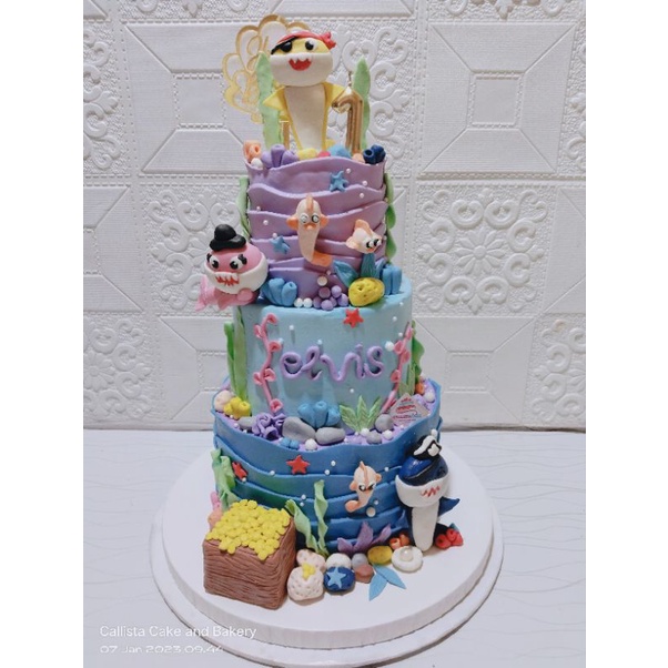 

Kue Ultah Tema Baby Shark 3 Tier/ Cake Ultah Cantik Karakter Baby Shark