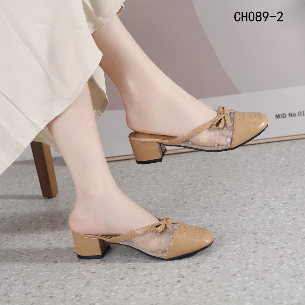 CH Mesh &amp; Leather CC Logo Block Heel Pumps CH089-2