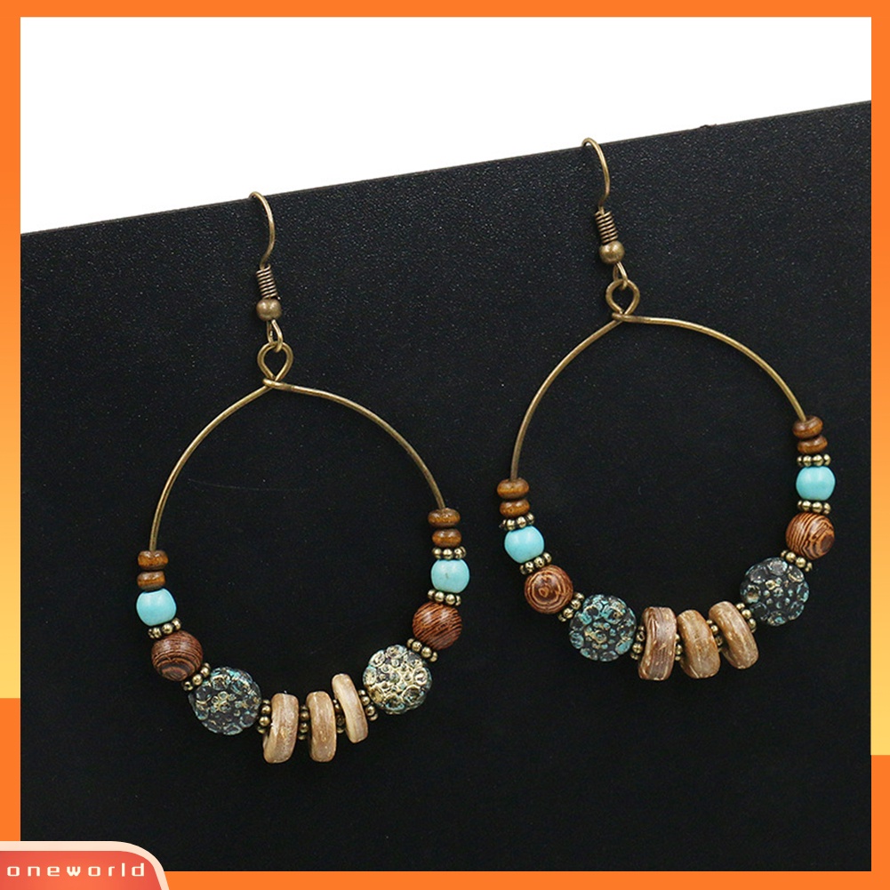 {oneworld} Bohemian Lingkaran Besar Manik-Manik Kayu Kait Anting Wanita Etnik Perhiasan Imitasi Pirus