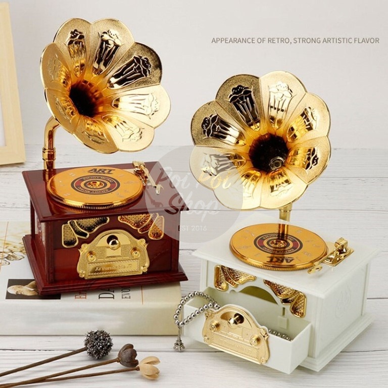 Myzonee44 - Kotak Musik Phonograph Gramophone Laci Retro Kado Unik Antik Nostaia Music Box Ulang