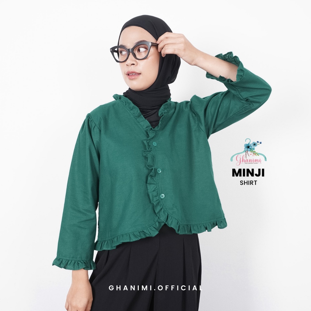 Ghanimi - Minji Shirt / Kemeja Linen Rami Polos / kemeja kerja kancing busui friendly / kemeja kerja kekinian korean style / kemeja katun polos lengan panjang ruffle
