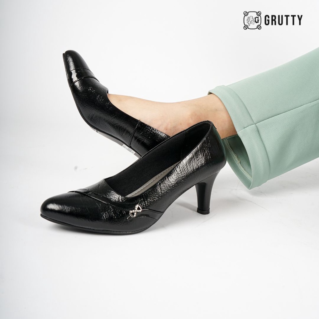 Grutty Sepatu Pantofel Wanita Hitam Kantor Kerja Terbaru Gebby Tinggi 7cm