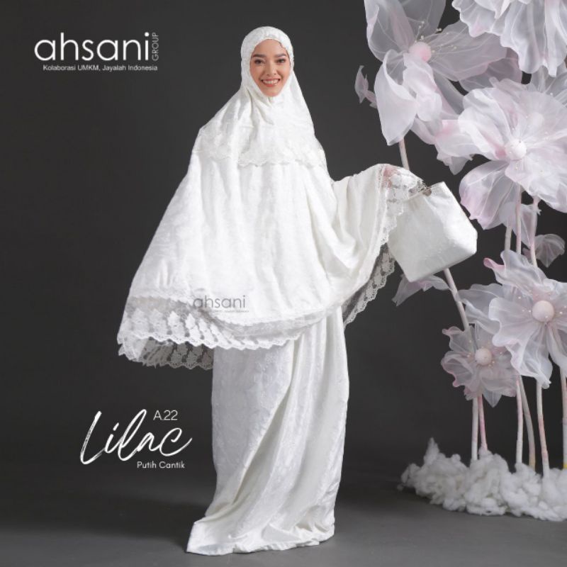 Mukena Ahsani Lilac A22 Putih Bersih Cantik Mewah Premium Elegan Renda Lebar Hantaran Lamaran Solat Ied Lebaran Tarawih Ramadhan Jumbo Free Tas