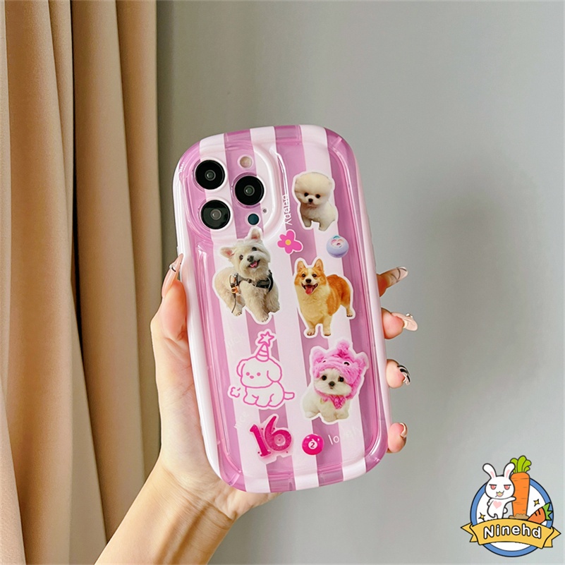 IPHONE Casing Kompatibel Untuk Iphone14 13 12 11 Pro Max X Xr Xs Max8 7 6 6s Plus SE 2020 Ins Cute Dog Pink Stripe Phone Case Silikon Transparan Shockproof Soft Case Cover Pelindung