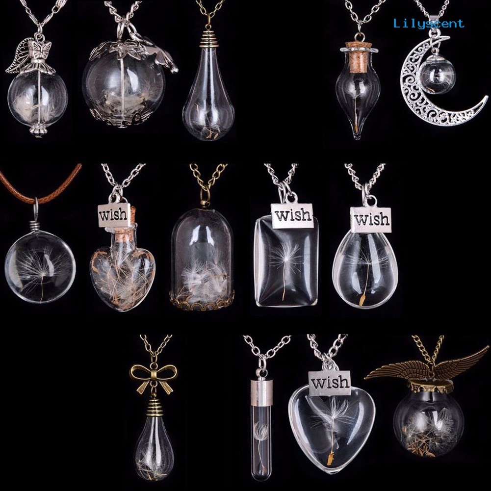 Ls Unisex Dried Dandelion Bow-knot Pendant Glass Wish Bottle Kalung Rantai Panjang